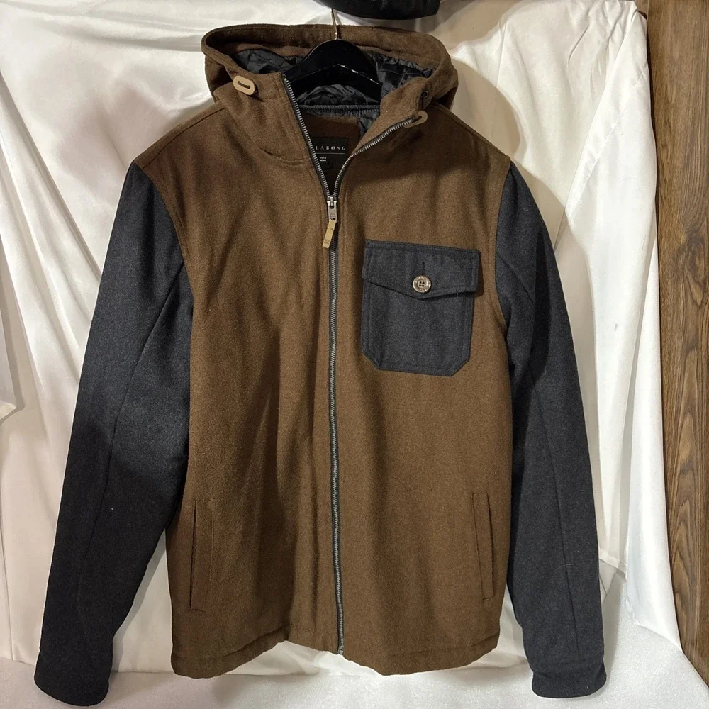 Men's Billabong Tan Gray Colorblock Quilted Line Jacket Full Zip Hooded Jacket M